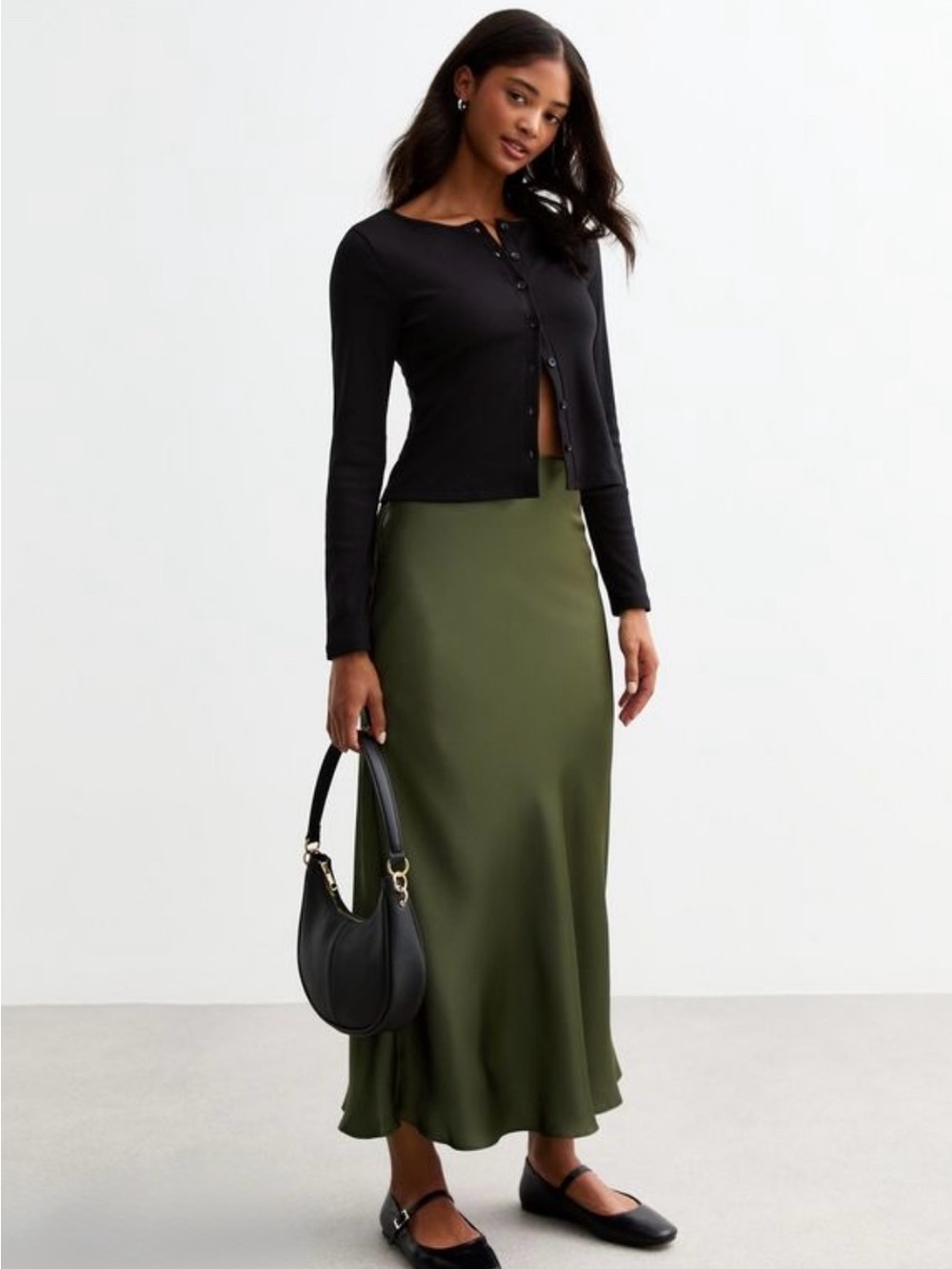 River Island Khaki Olive Green Satin Slip Midi Skirt NWT SIZE 6